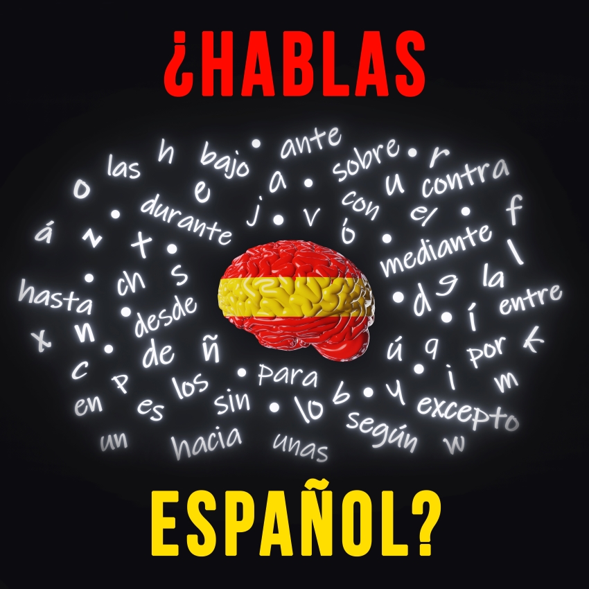 Cerveau décoré aux couleurs du drapeau espagnol entouré de mots en espagnol sur un fond noir avec le texte '¿Hablas Español?'